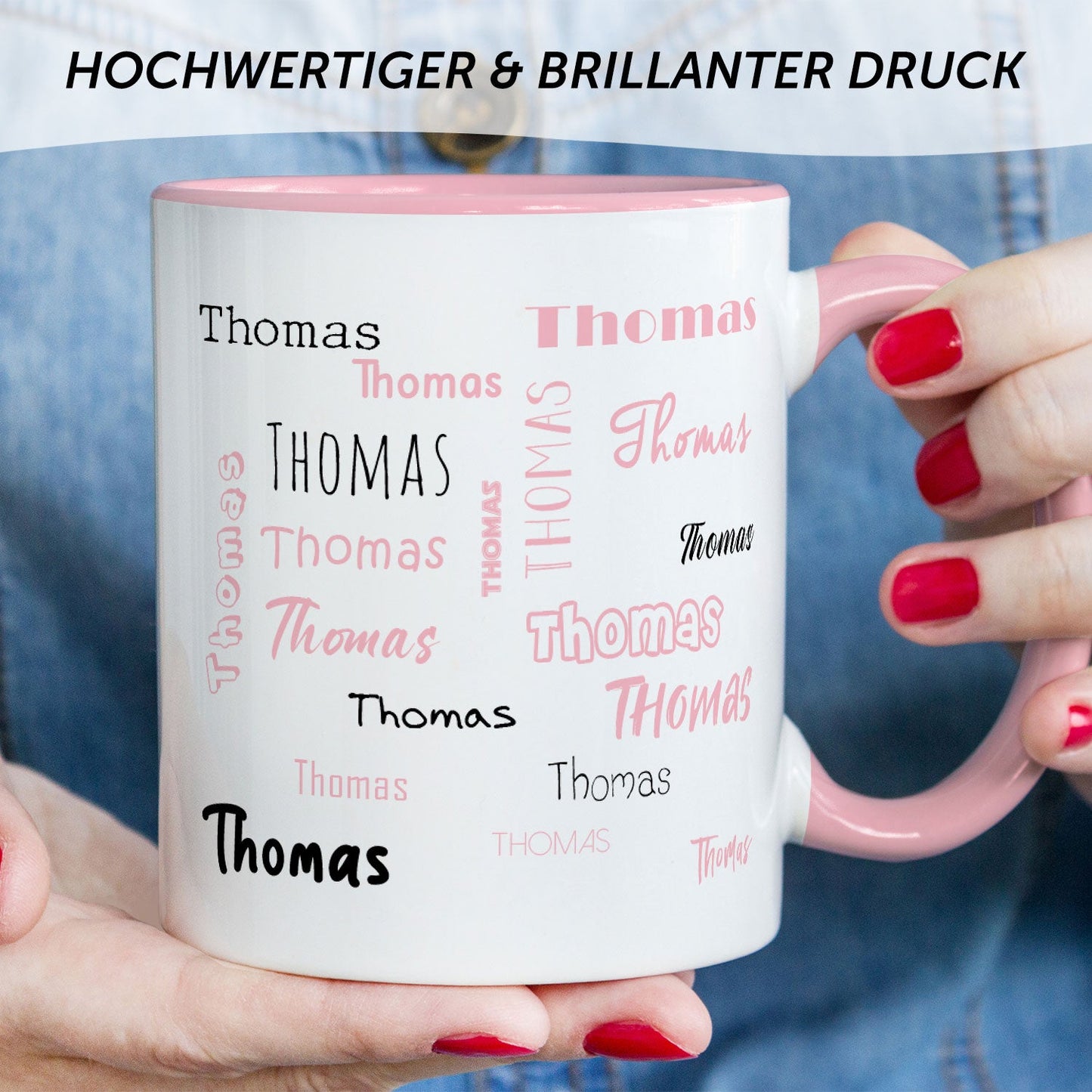 Bedruckte Tasse mit Namen in verschiedenen Schriftarten