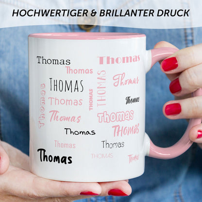 Bedruckte Tasse mit Namen in verschiedenen Schriftarten