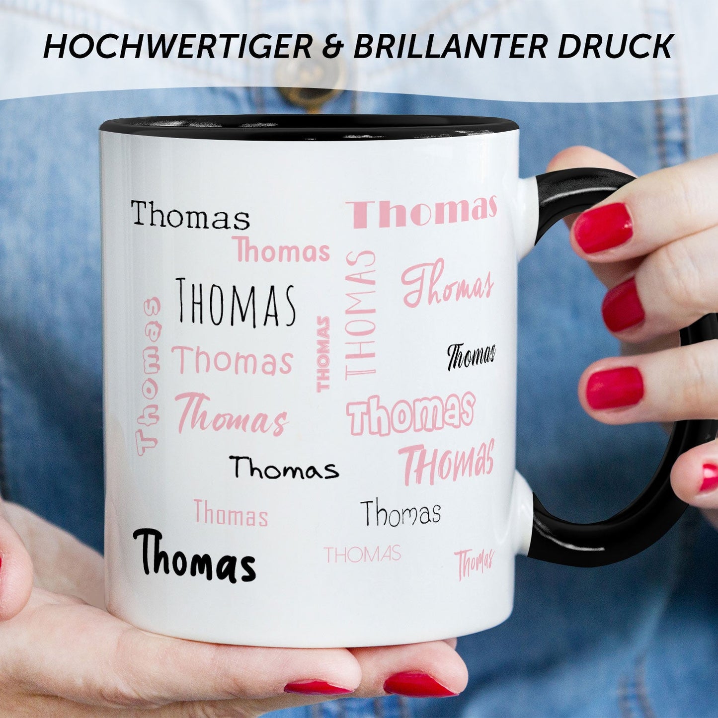Bedruckte Tasse mit Namen in verschiedenen Schriftarten