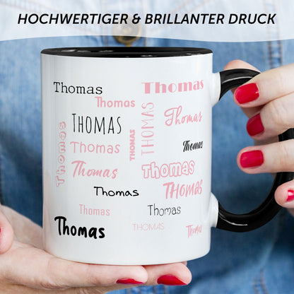 Bedruckte Tasse mit Namen in verschiedenen Schriftarten