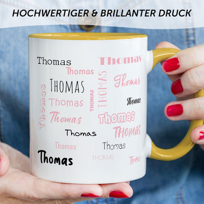 Bedruckte Tasse mit Namen in verschiedenen Schriftarten