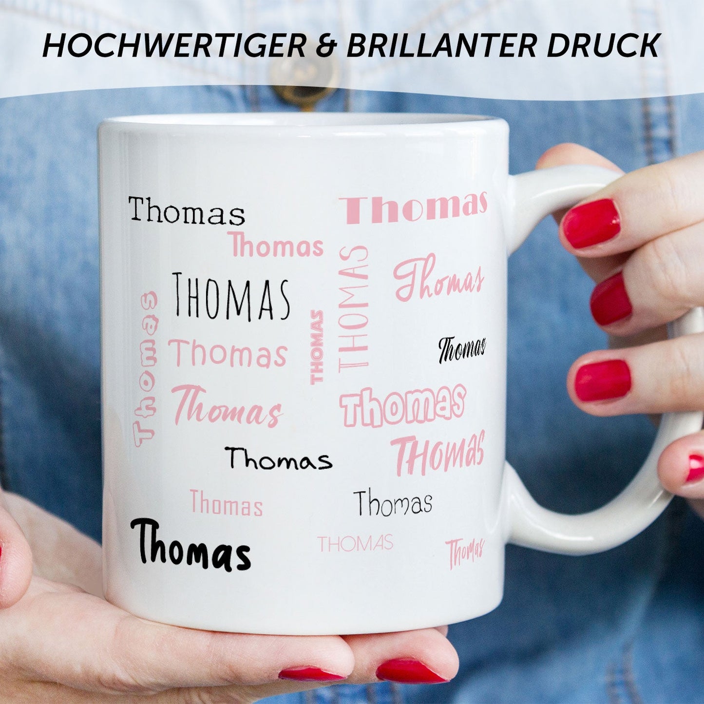 Bedruckte Tasse mit Namen in verschiedenen Schriftarten