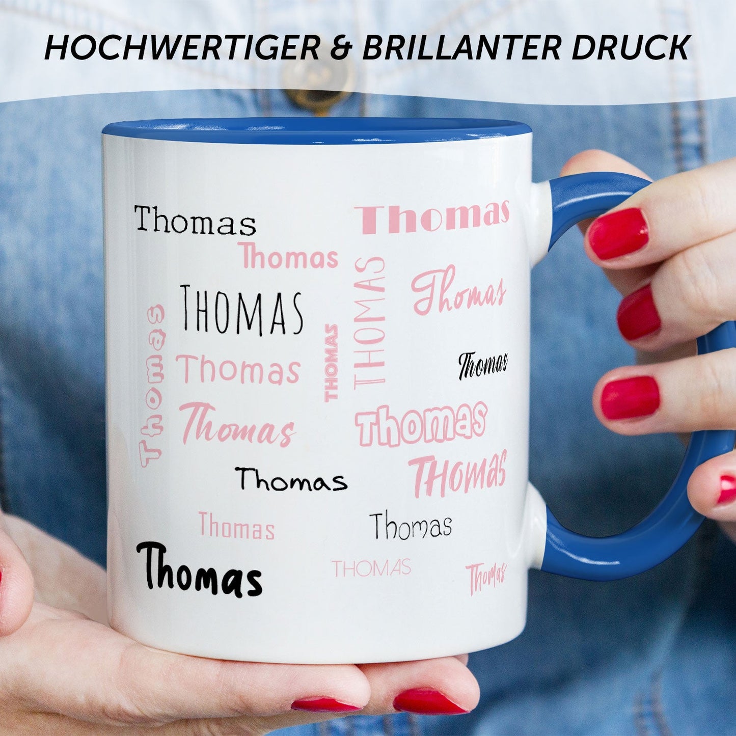 Bedruckte Tasse mit Namen in verschiedenen Schriftarten
