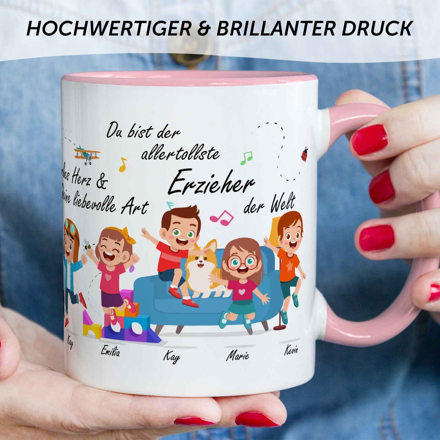 Bedruckte Tasse mit Spruch Erzieher/in Abschied mit springenden Kindern