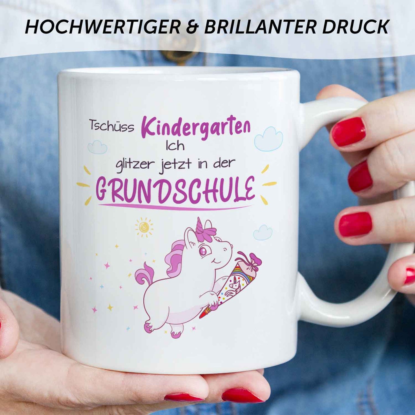 Bedruckte Tasse mit Spruch - Tschüss Kindergarten ich glitzer in der Grundschule
