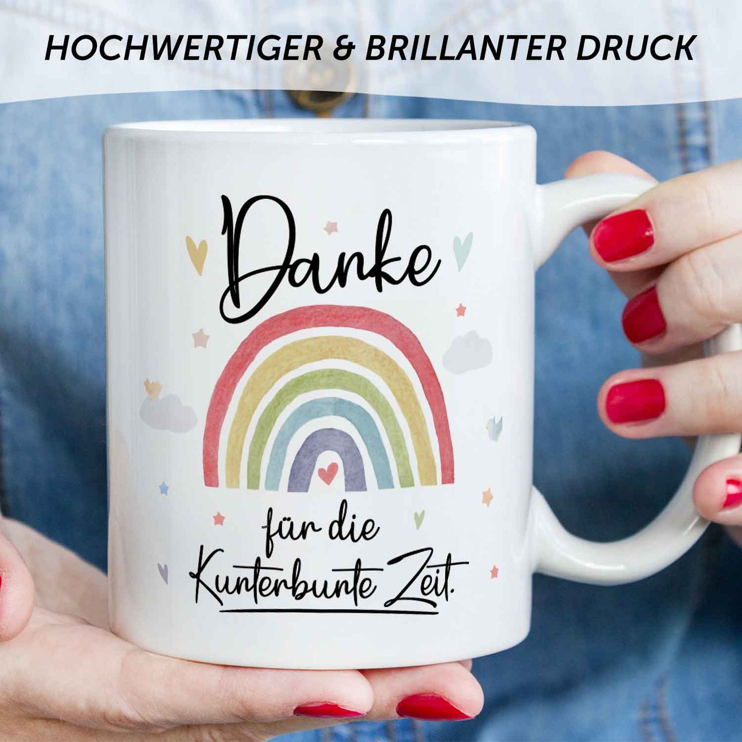 Bedruckte Tasse mit Spruch "Danke für die Kunterbunte Zeit"