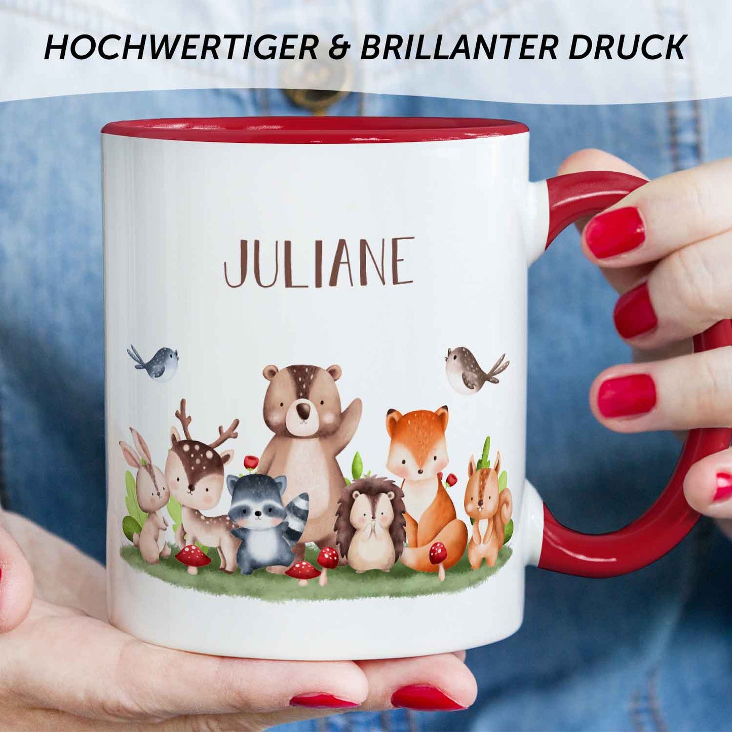 Bedruckte Tasse mit Name - Tiergruppe Wald