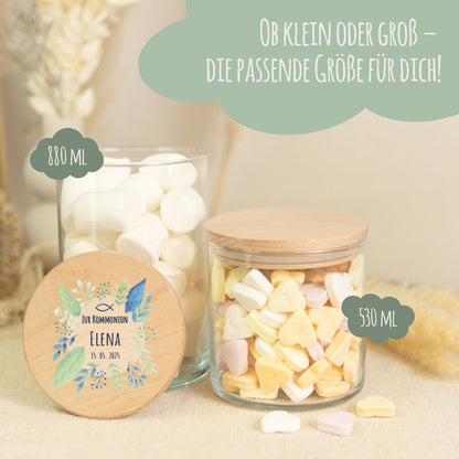 Bedrucktes Vorratsglas mit Holzdeckel - Kommunion Pflanzen