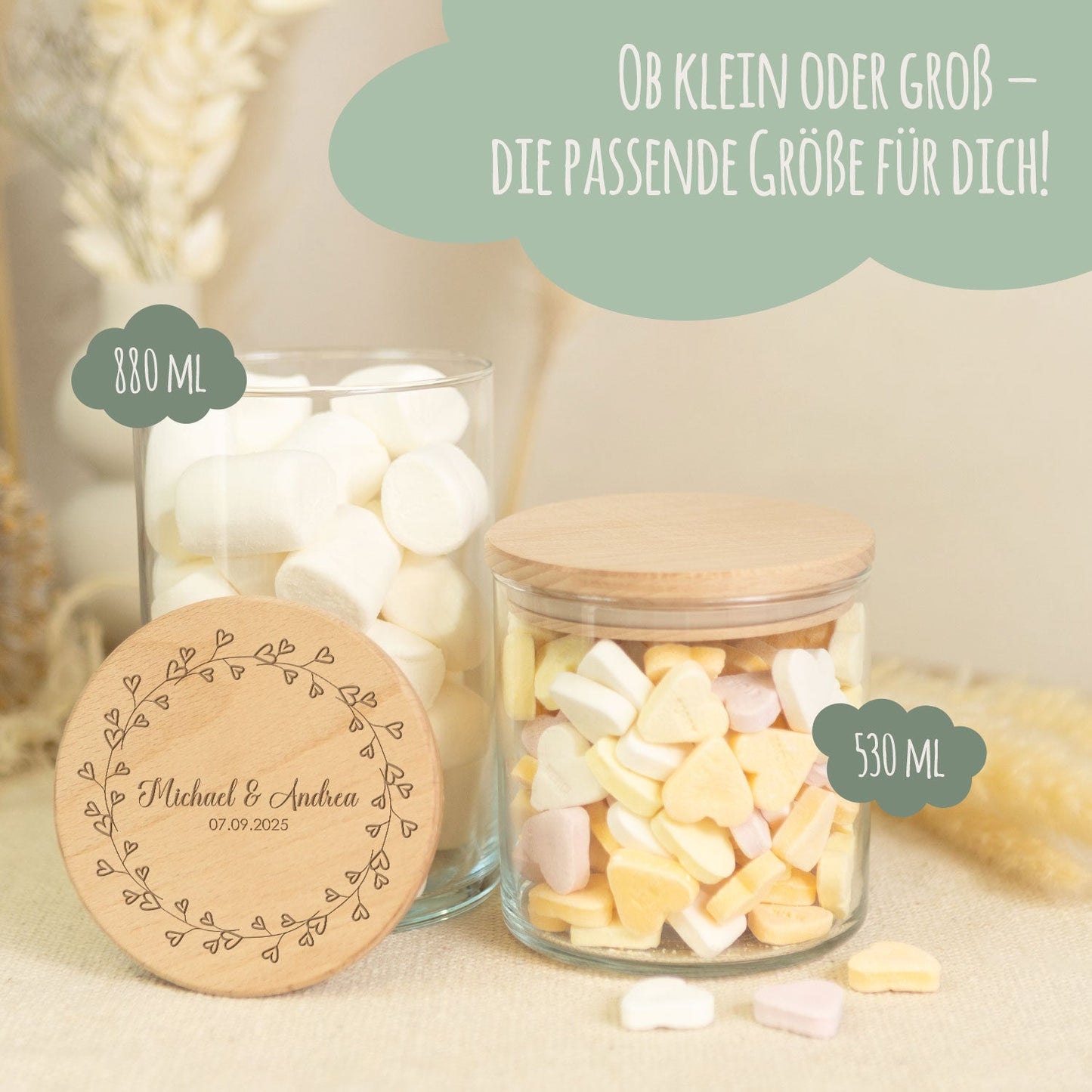 Graviertes Vorratsglas mit Holzdeckel - Kranz Herzen