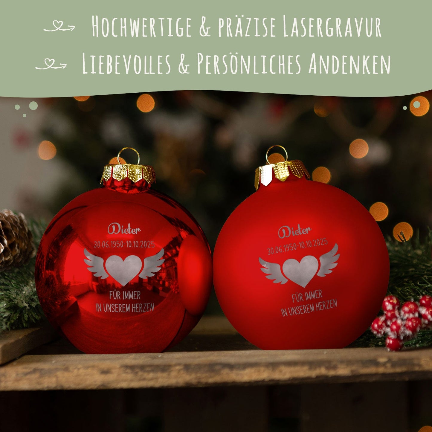 Gravierte Weihnachtskugel - Flügelherz