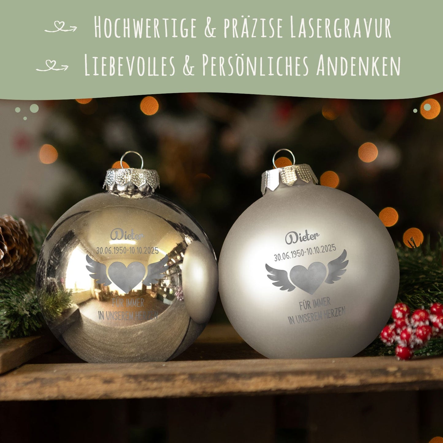 Gravierte Weihnachtskugel - Flügelherz