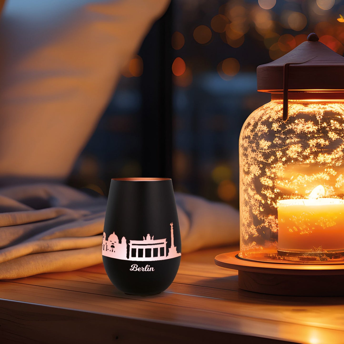 Deko Windlicht aus Glas mit Gravur - Skyline Berlin