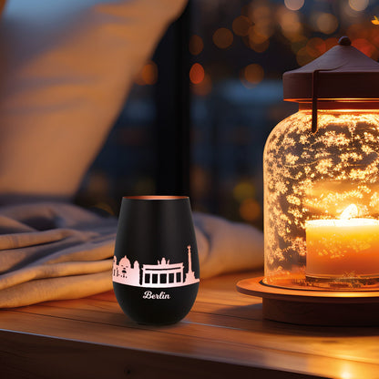 Deko Windlicht aus Glas mit Gravur - Skyline Berlin
