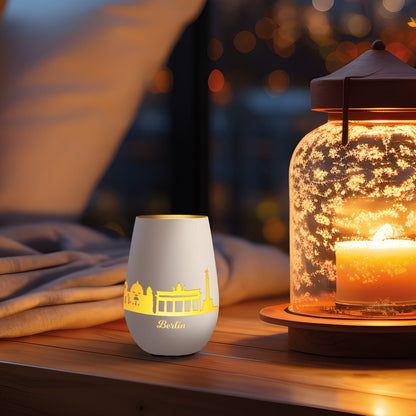 Deko Windlicht aus Glas mit Gravur - Skyline Berlin