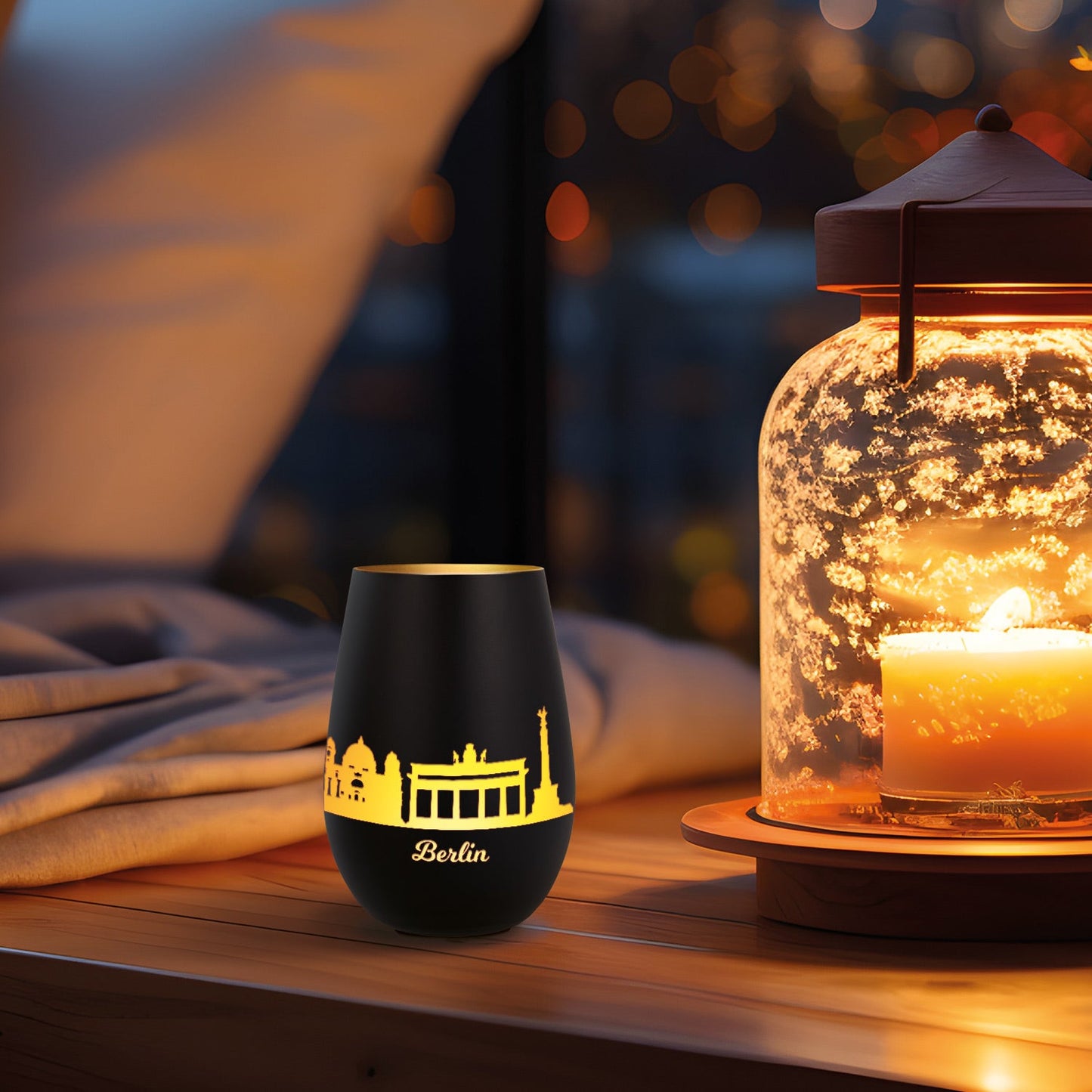 Deko Windlicht aus Glas mit Gravur - Skyline Berlin