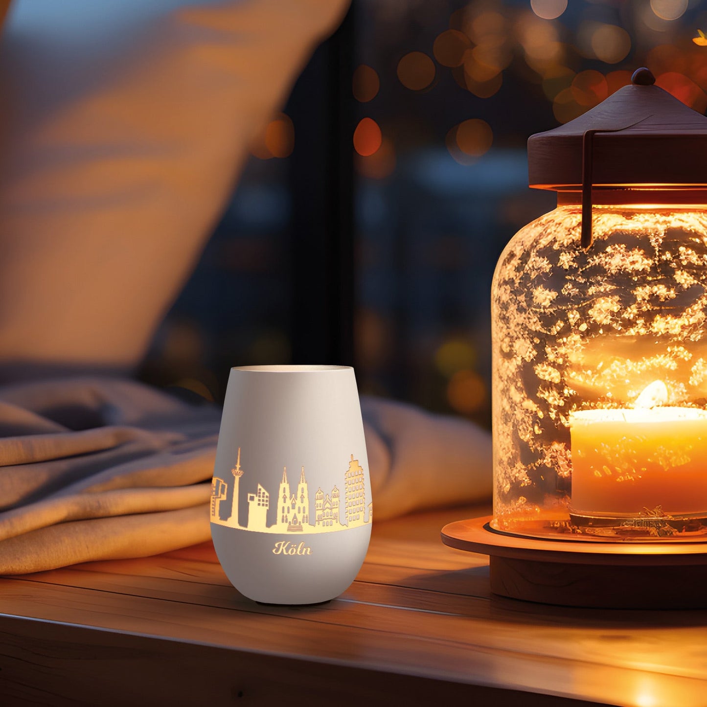 Deko Windlicht aus Glas mit Gravur - Skyline Köln