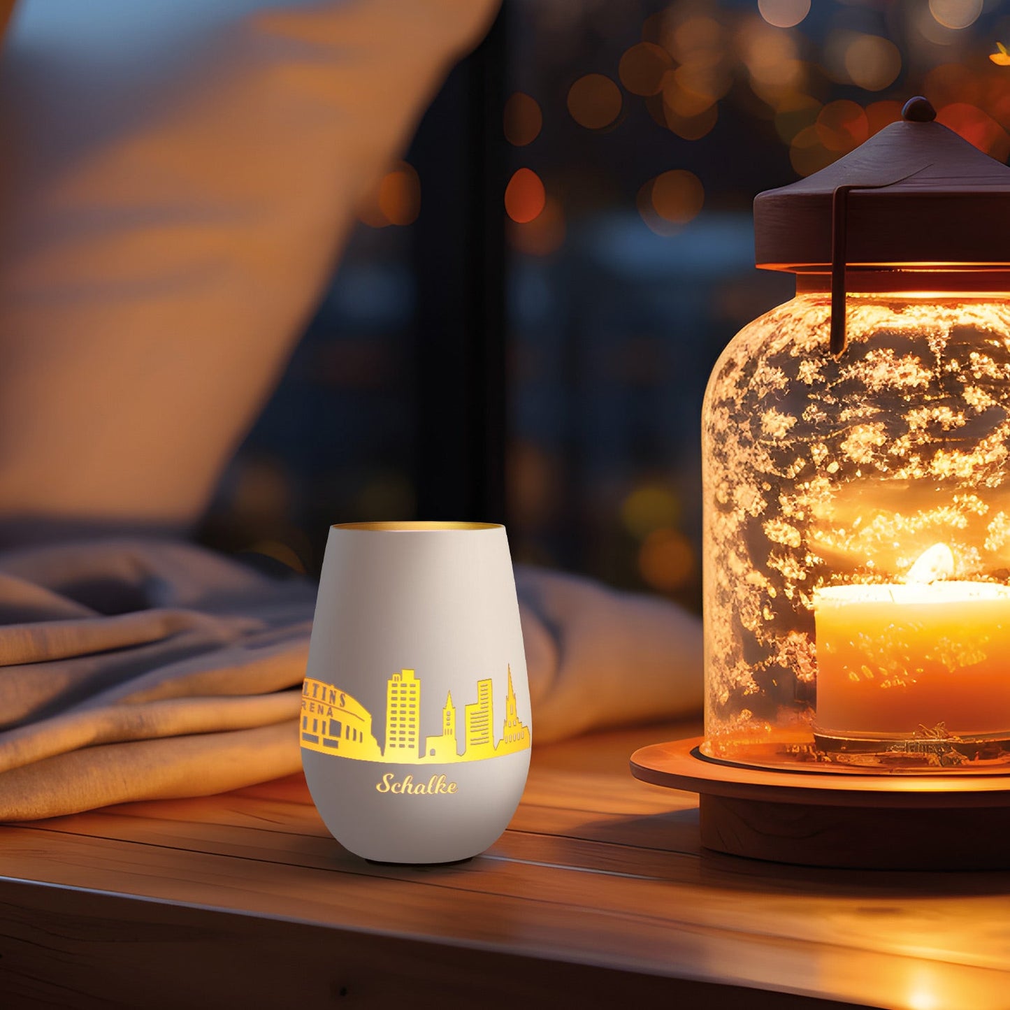 Deko Windlicht aus Glas mit Gravur - Skyline Schalke