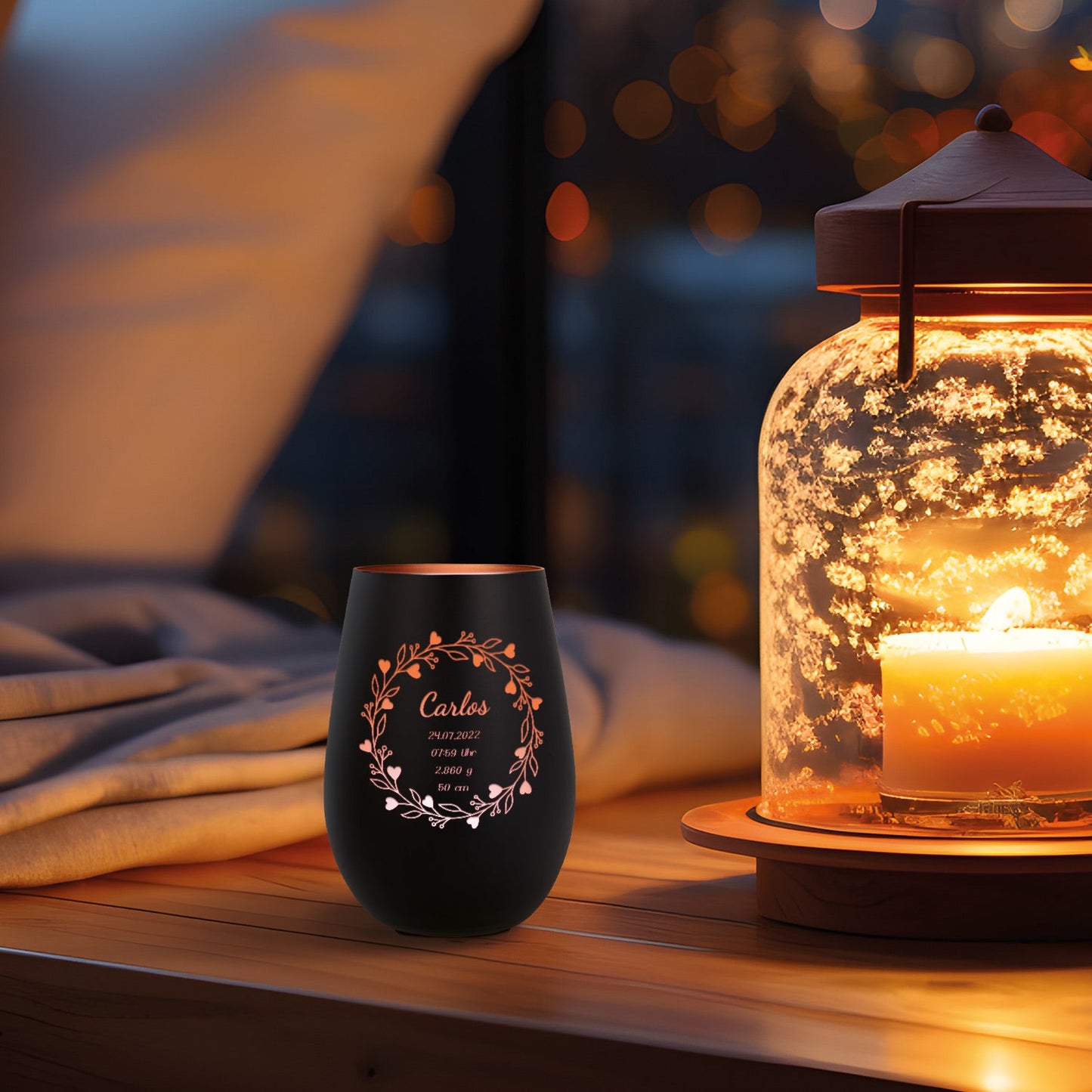 Deko Windlicht aus Glas mit Gravur - Geschenk zur Geburt - Personalisiert mit Namen