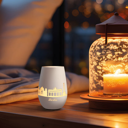Deko Windlicht aus Glas mit Gravur - Skyline Berlin