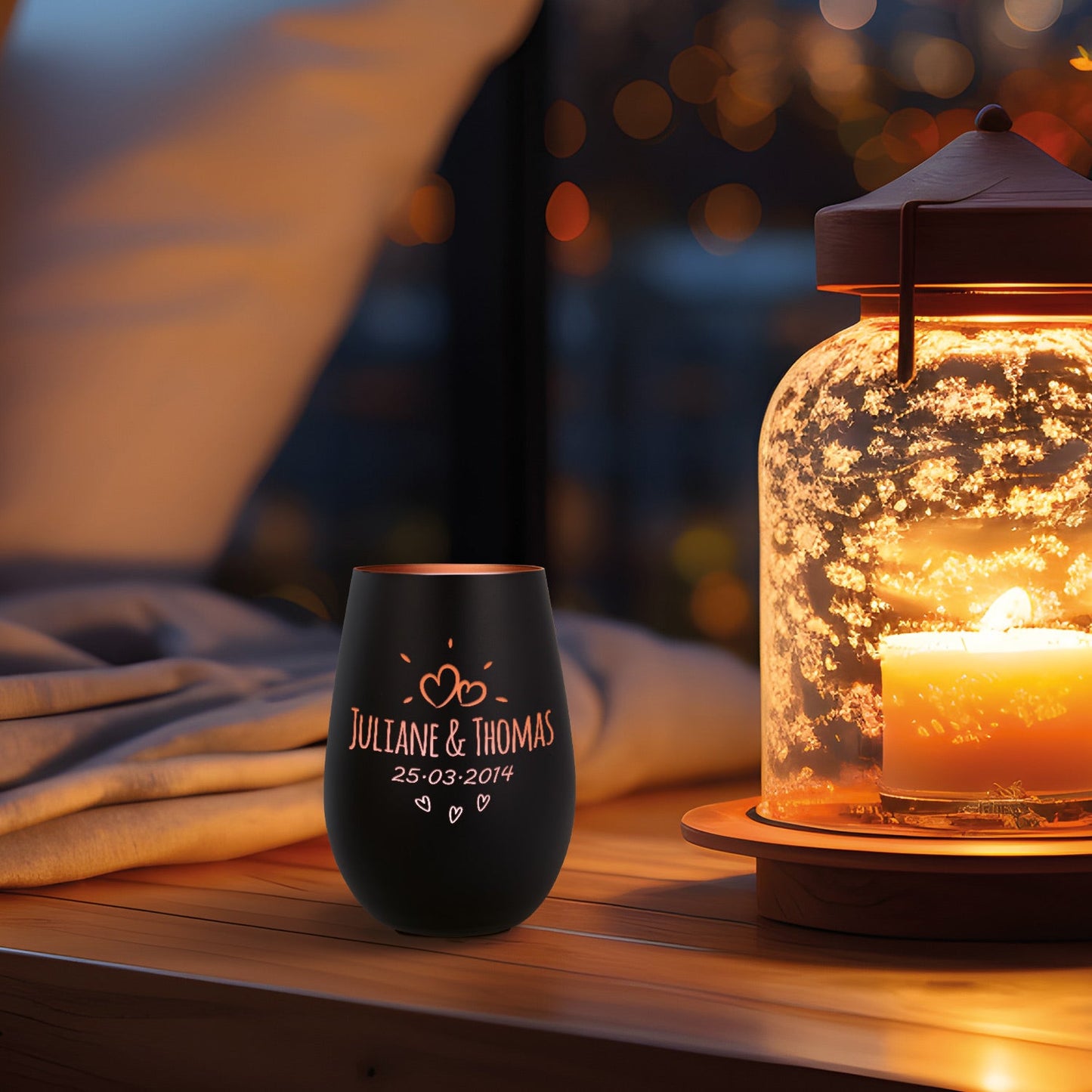 Deko Windlicht aus Glas mit Gravur - Sunshine - Personalisiert mit Namen & Datum