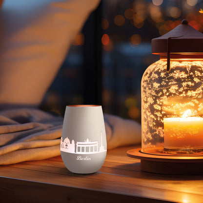Deko Windlicht aus Glas mit Gravur - Skyline Berlin