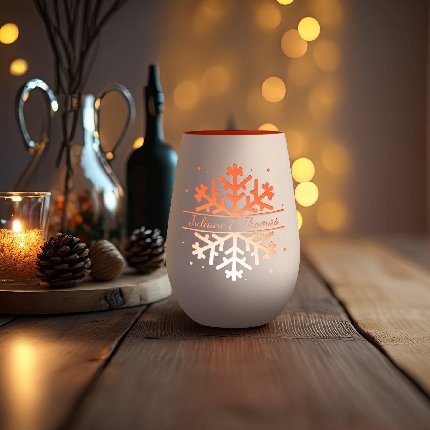 Deko Windlicht aus Glas mit Gravur - Schneeflocke - Personalisiert mit Namen - Geschenk zu Weihnacht