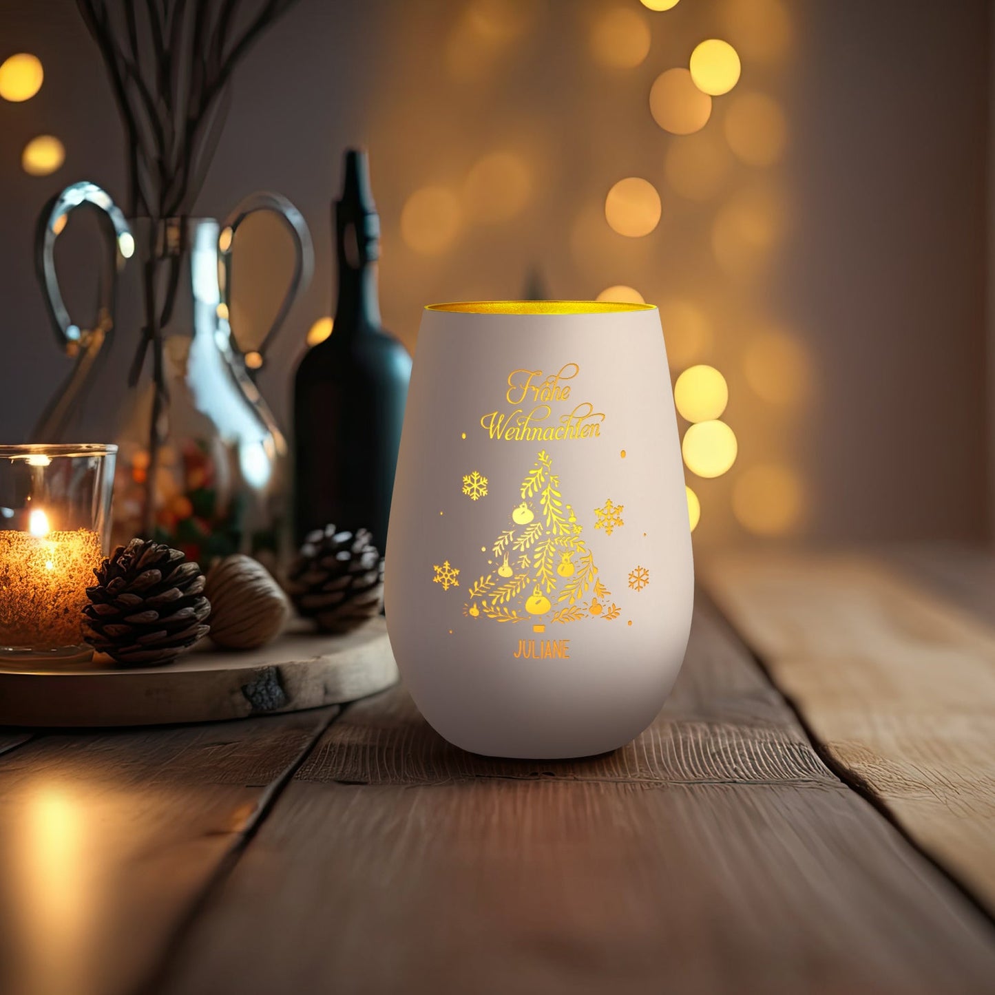 Deko Windlicht aus Glas mit Gravur - Frohe Weihnachten - Personalisiert mit Namen