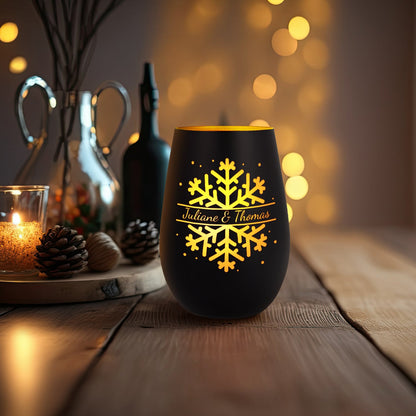 Deko Windlicht aus Glas mit Gravur - Schneeflocke - Personalisiert mit Namen - Geschenk zu Weihnacht