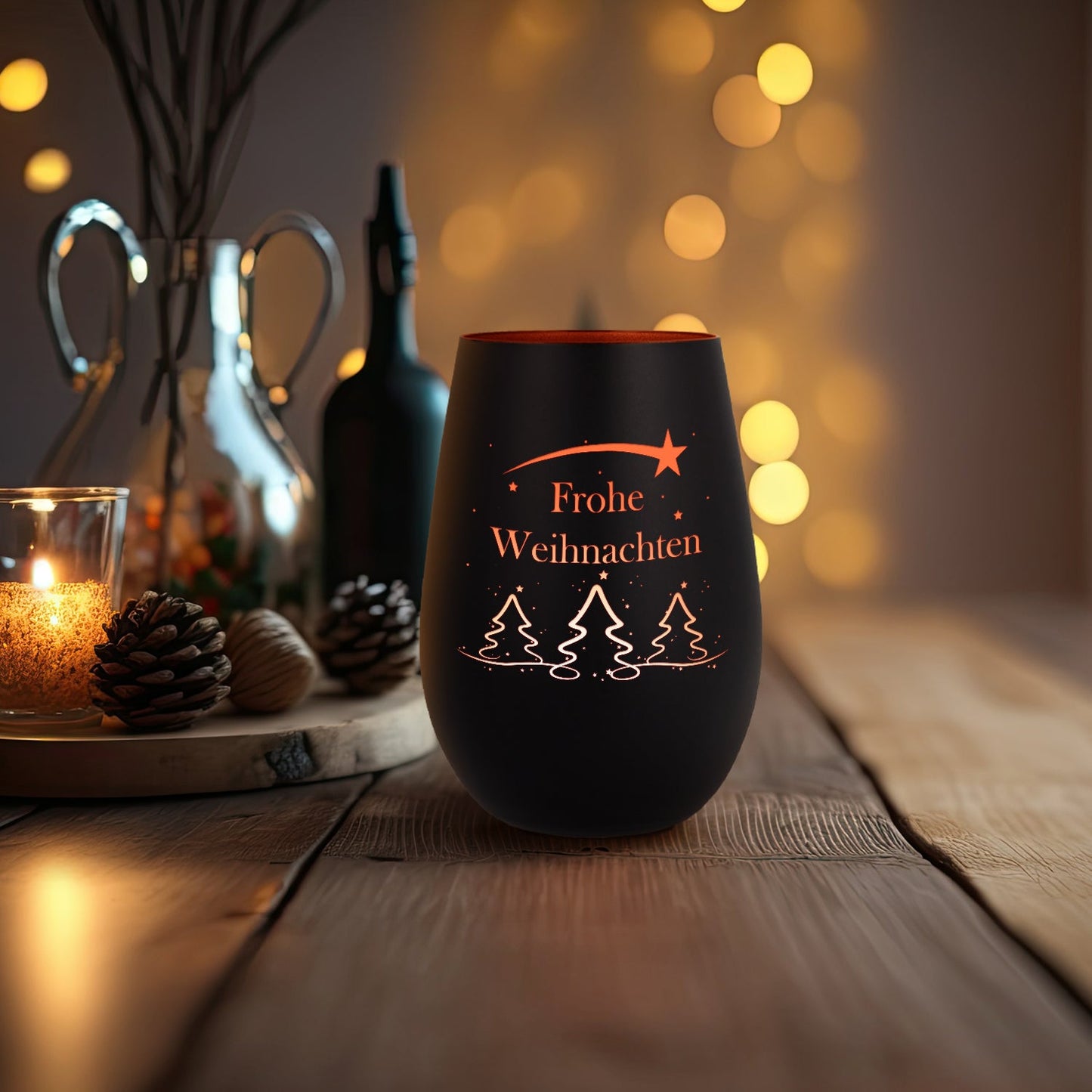 Deko Windlicht aus Glas mit Gravur - Tannenbaum - Frohe Weihnachten
