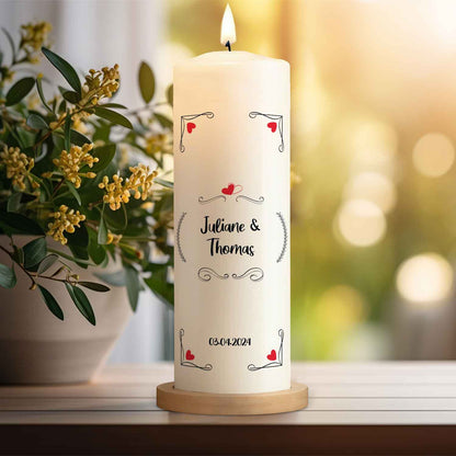 Große Kerze "Red Hearts" - Hochzeitskerze mit Namen, Datum & Wunschtext