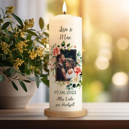 Große Kerze - "Hochzeitsfoto" - Hochzeitskerze mit Foto, Namen, Datum & Wunschtext