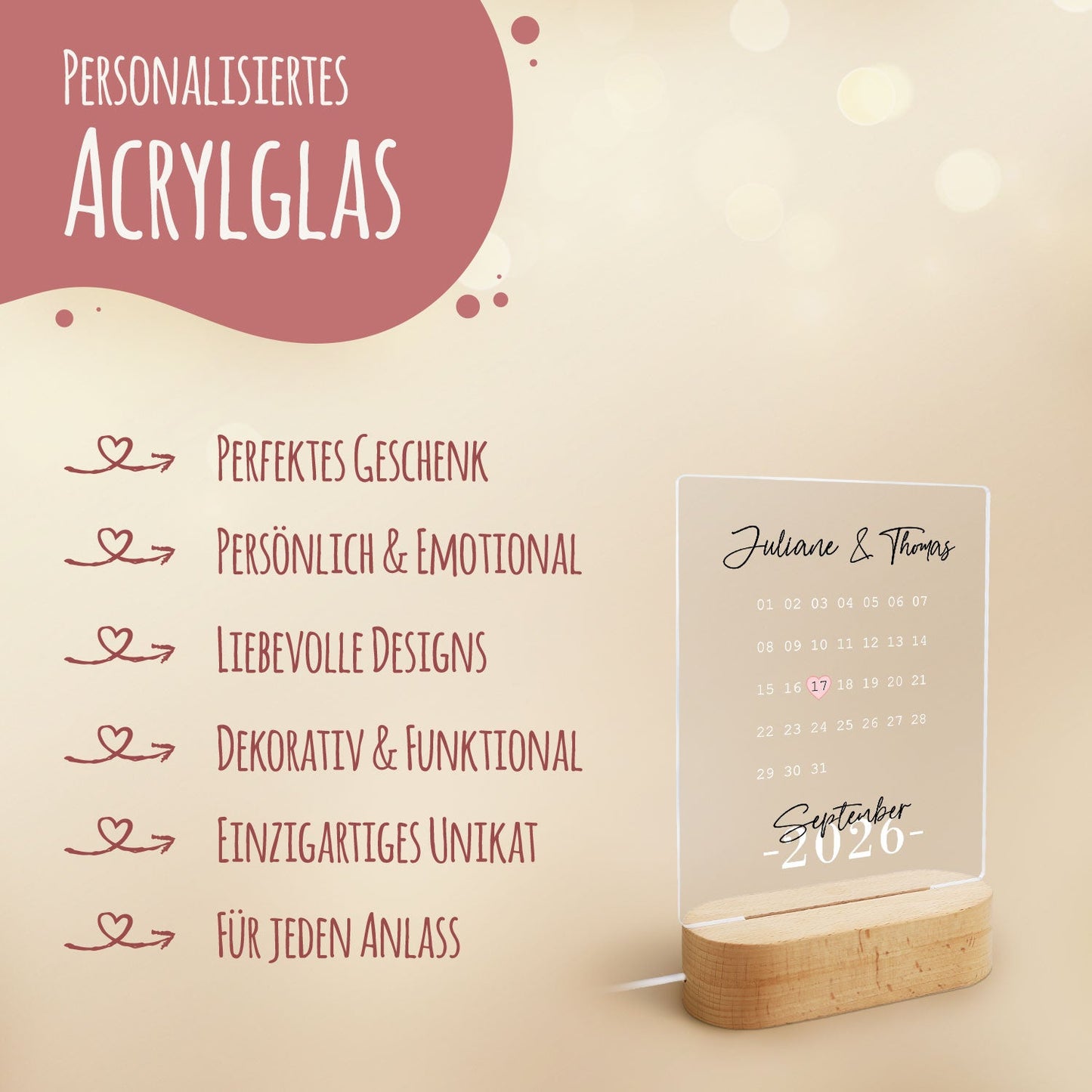 Beleuchtetes Acrylglas - Kalender - Personalisiertes Geschenk mit Namen & Datum