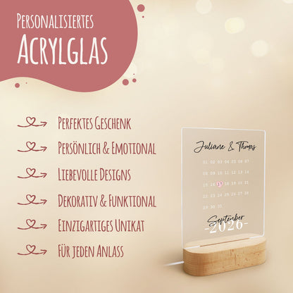 Beleuchtetes Acrylglas - Kalender - Personalisiertes Geschenk mit Namen & Datum