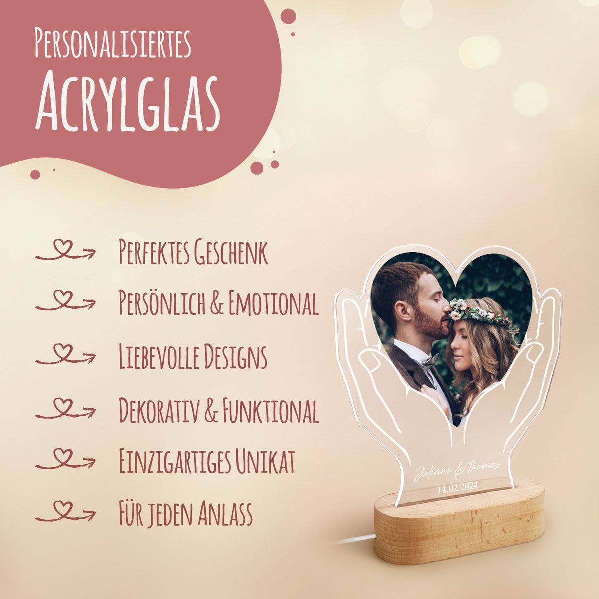 Beleuchtetes LED Acrylglas mit Foto, Namen & Datum - Herz in Händen