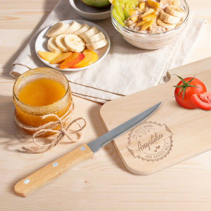 Frühstücksbrettchen mit Gravur - Inklusive Messer - Beste Mama Logo mit Name