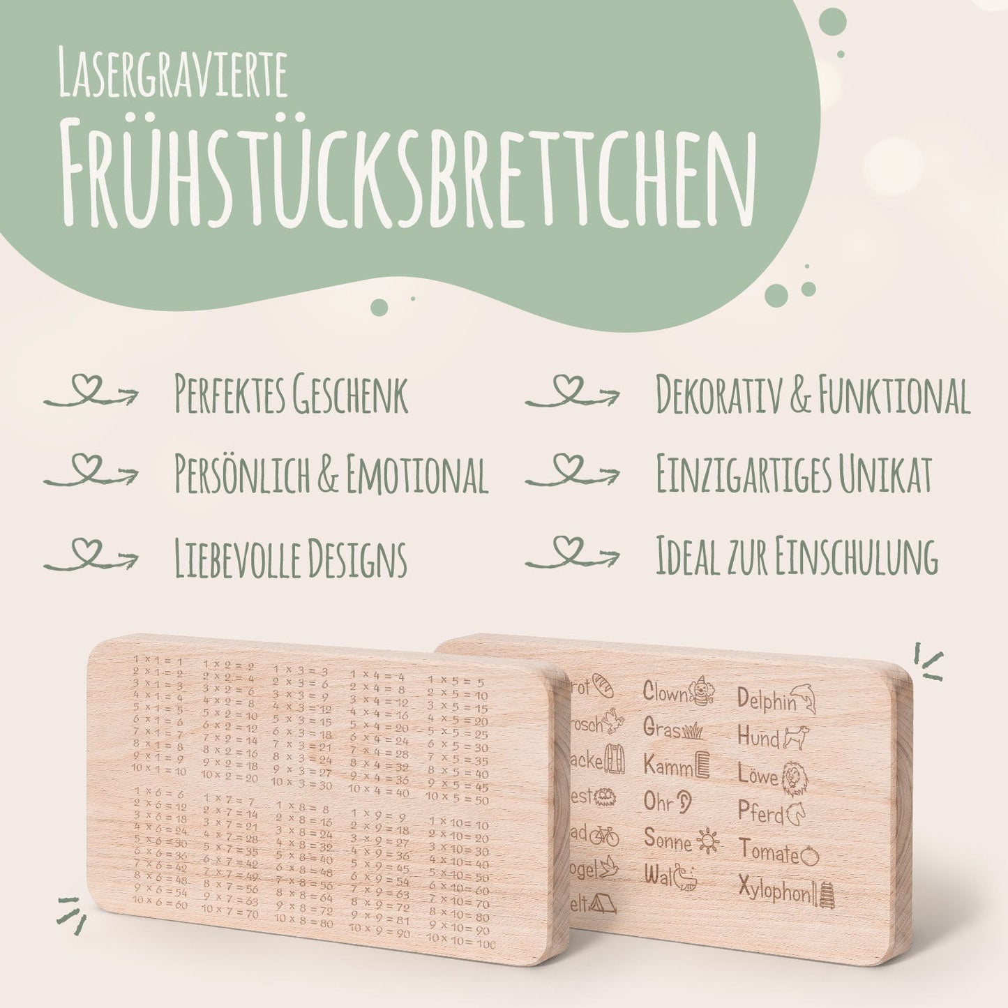 Im Set: Frühstücksbrettchen "Das ABC Brotzeitbrett" + "Das 1x1 Brotzeitbrett"