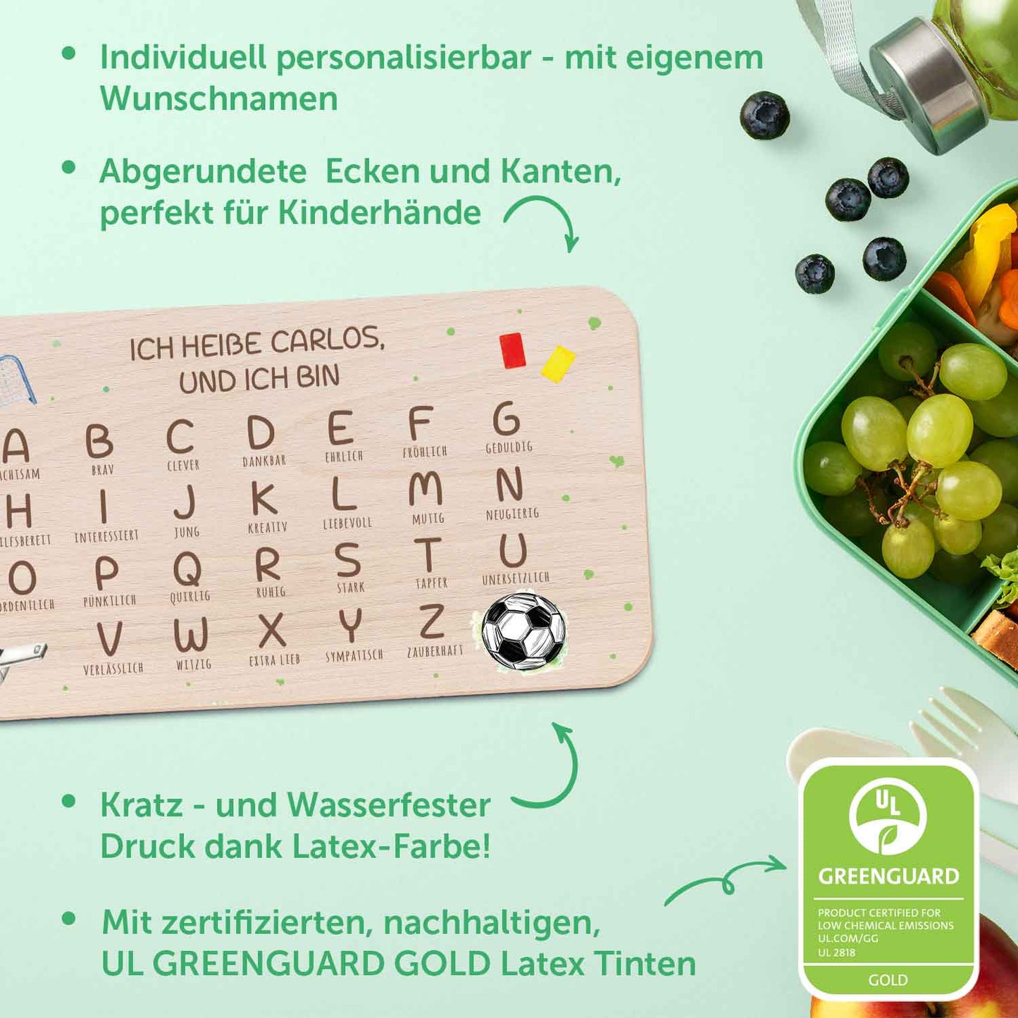 Frühstücksbrettchen mit Druckmotiv & Name - ABC Fußball