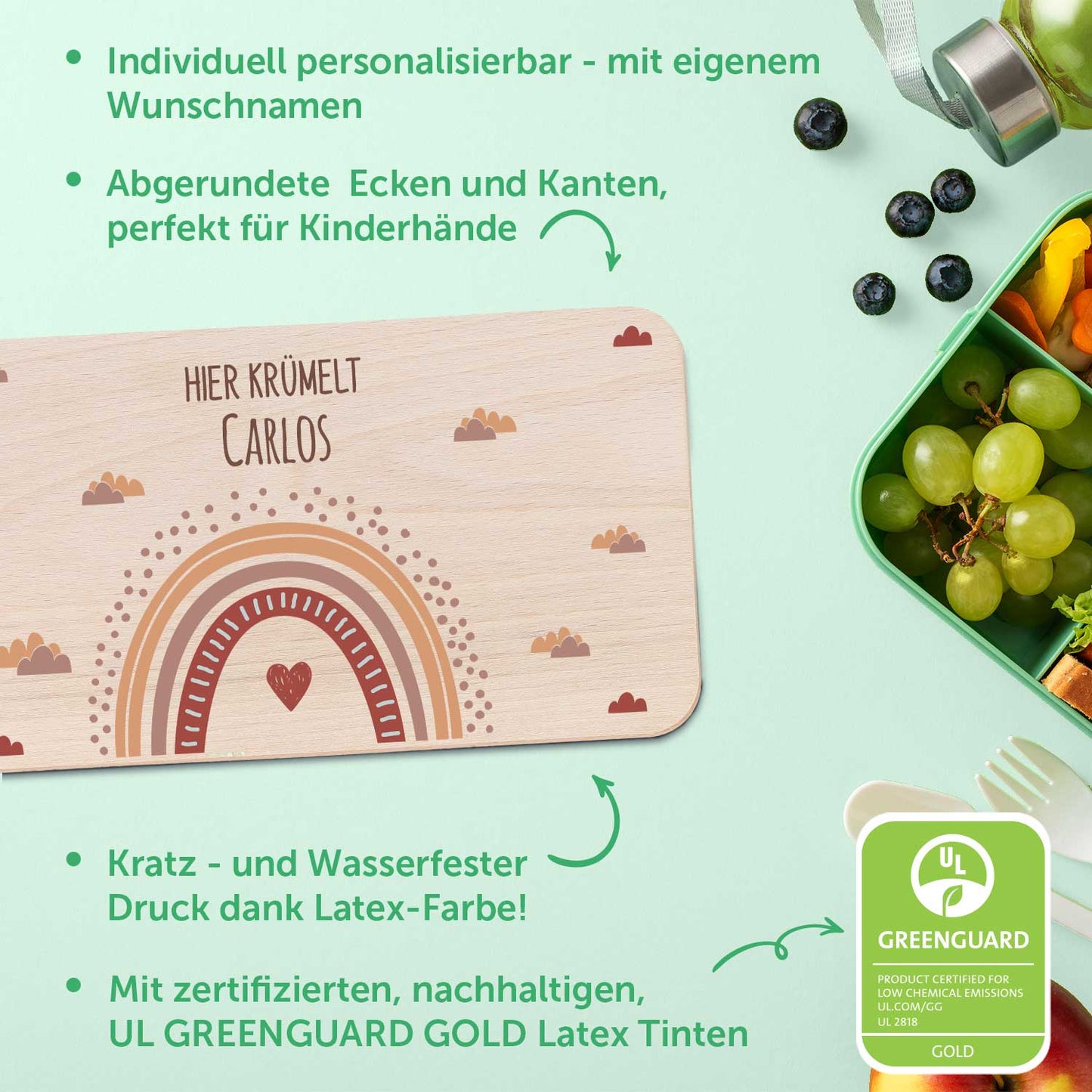 Frühstücksbrettchen mit Druckmotiv & Name - Regenbogen