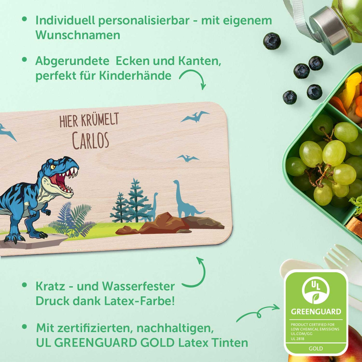 Frühstücksbrettchen mit Druckmotiv & Name - T-Rex Design