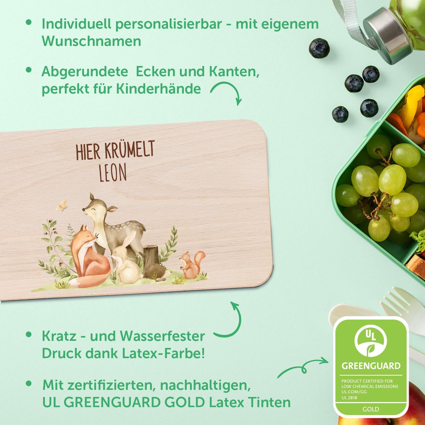 Bedrucktes Frühstücksbrettchen "Waldtiere" mit Namen