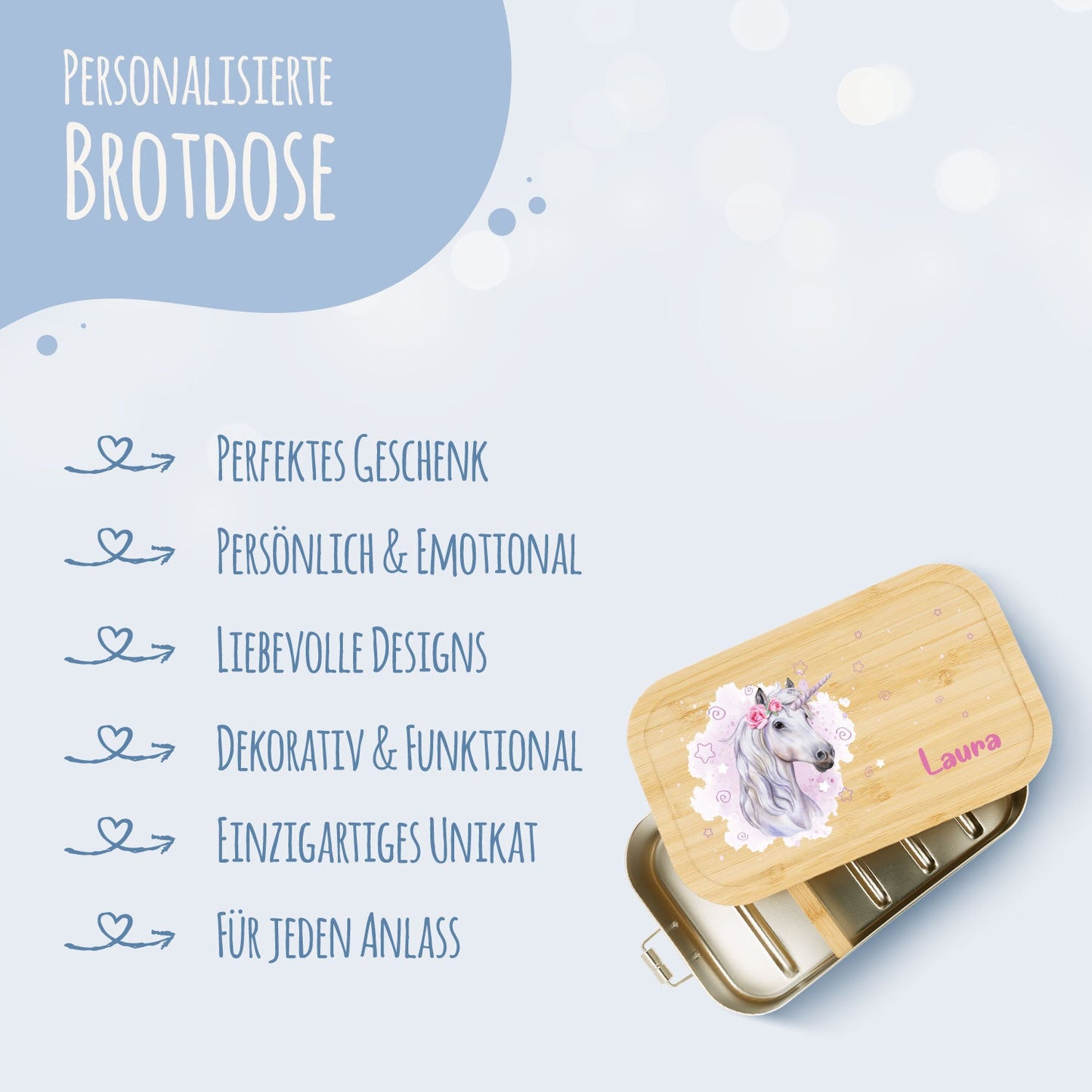 Brotdose mit Deckel für Kinder mit UV-Druck im "Einhorn" Design