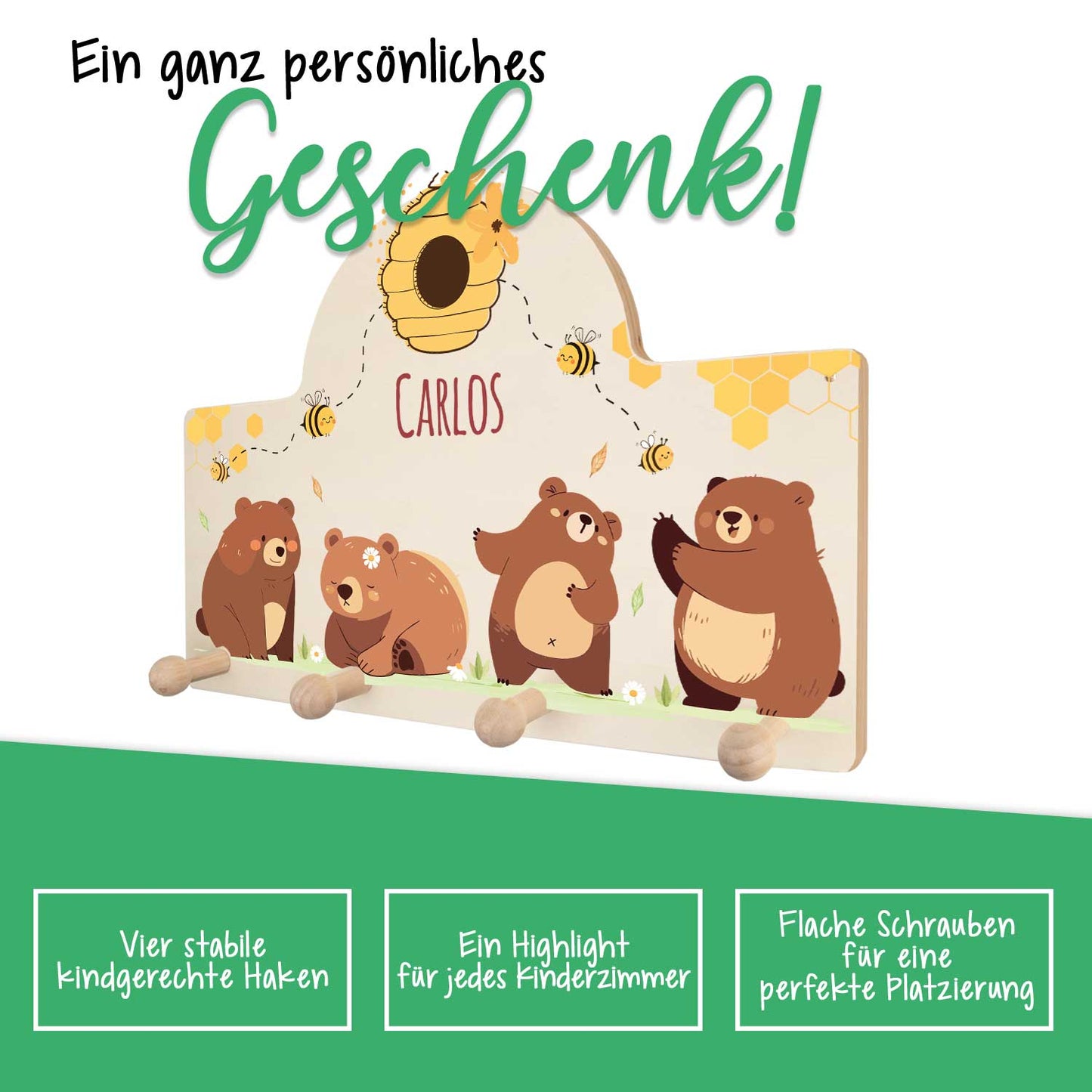 Personalisierte Garderobe fürs Kinderzimmer - Bären & Bienen