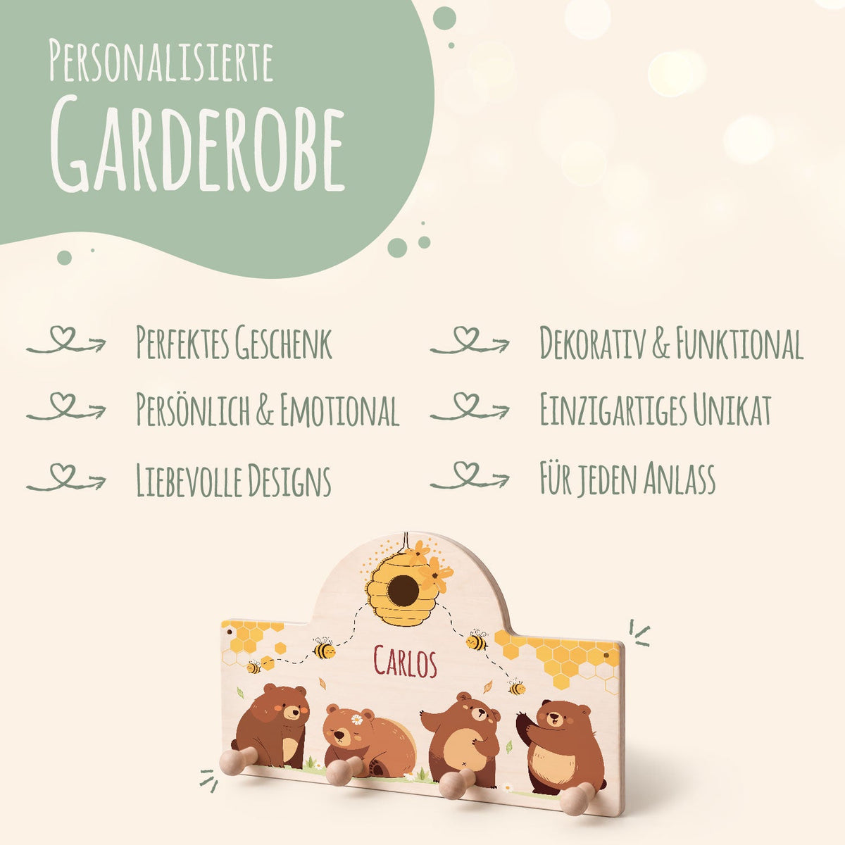 Personalisierte Garderobe fürs Kinderzimmer - Bären & Bienen