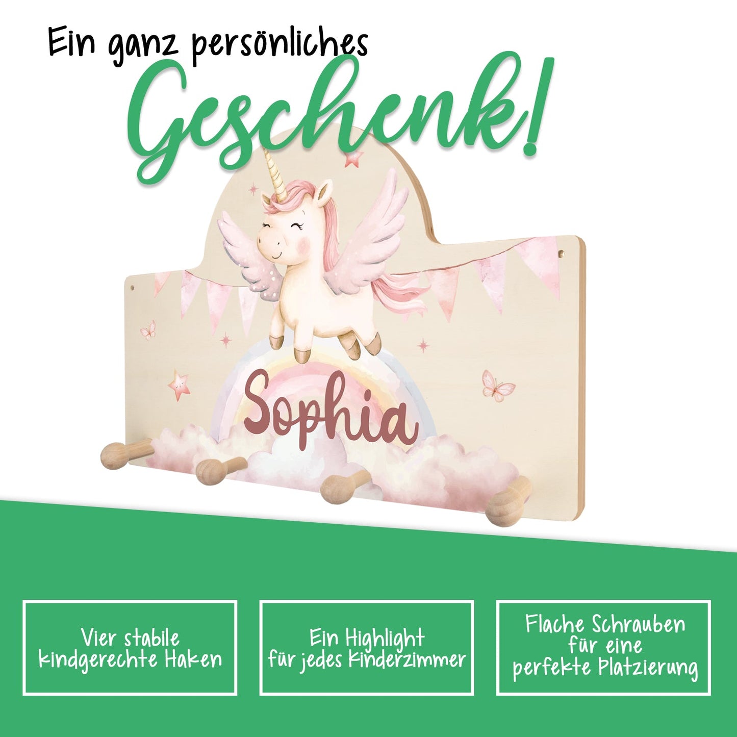 Personalisierte Garderobe fürs Kinderzimmer - Einhorn