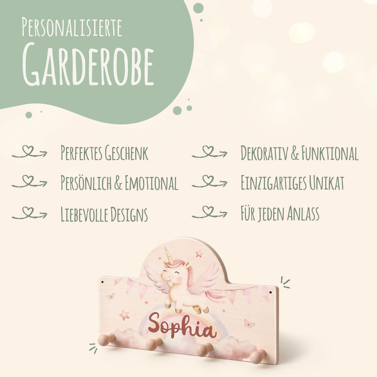 Personalisierte Garderobe fürs Kinderzimmer - Einhorn