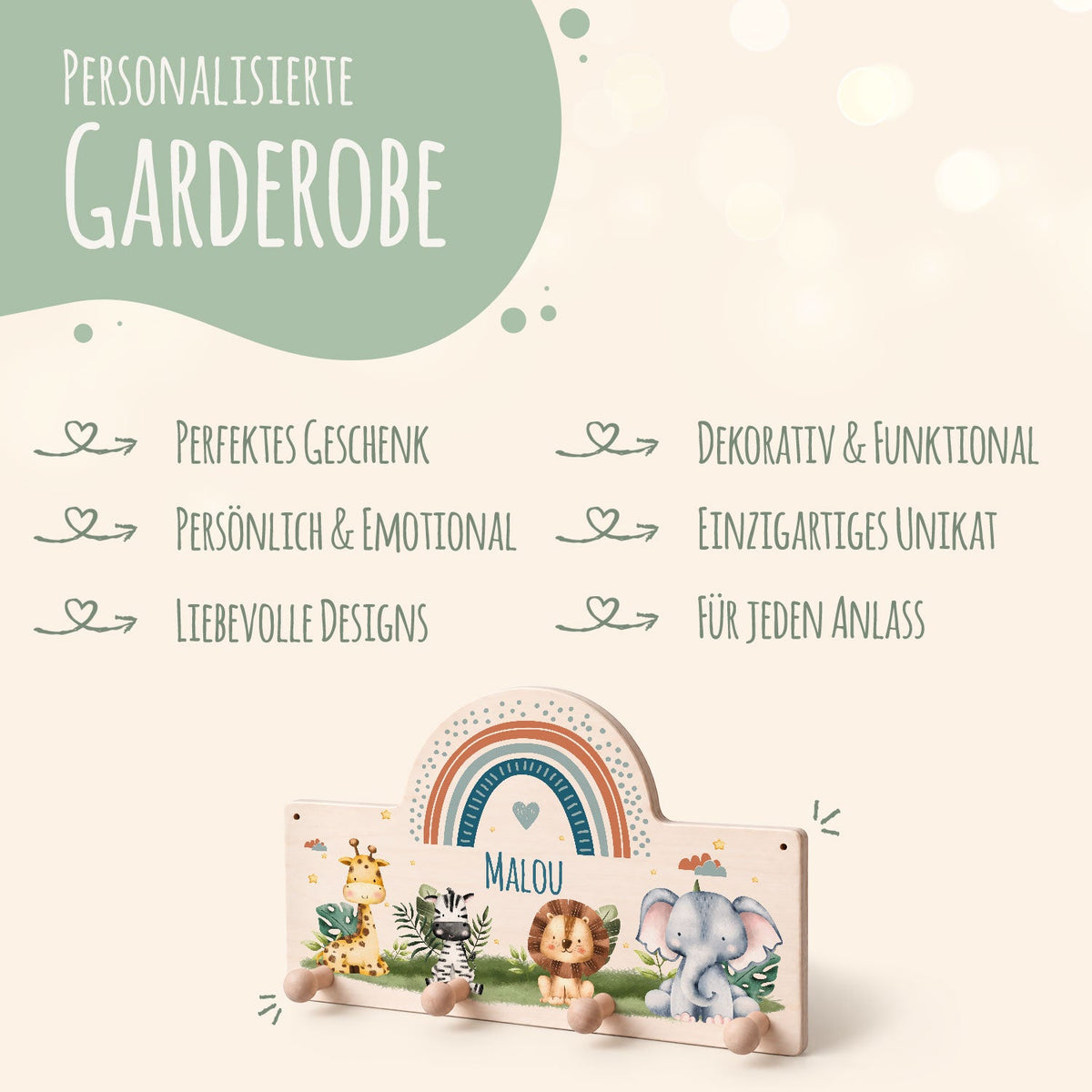 Personalisierte Garderobe fürs Kinderzimmer - Tiergruppe Safari