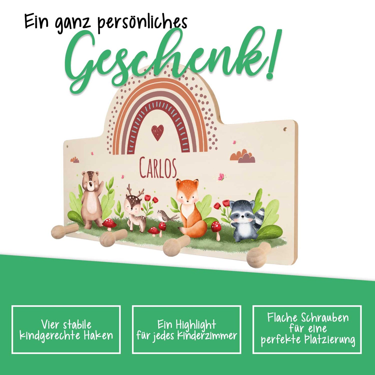Personalisierte Garderobe fürs Kinderzimmer - Tiergruppe Waldtiere
