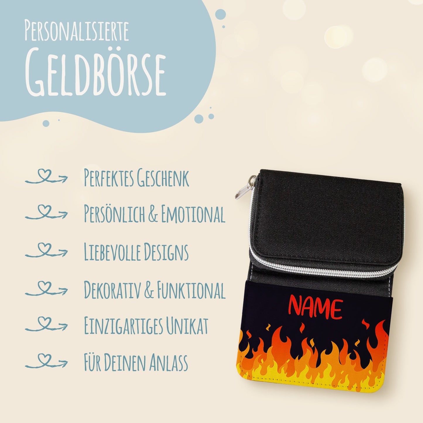 Bedruckte Geldbörse für Kinder im Flammen Design