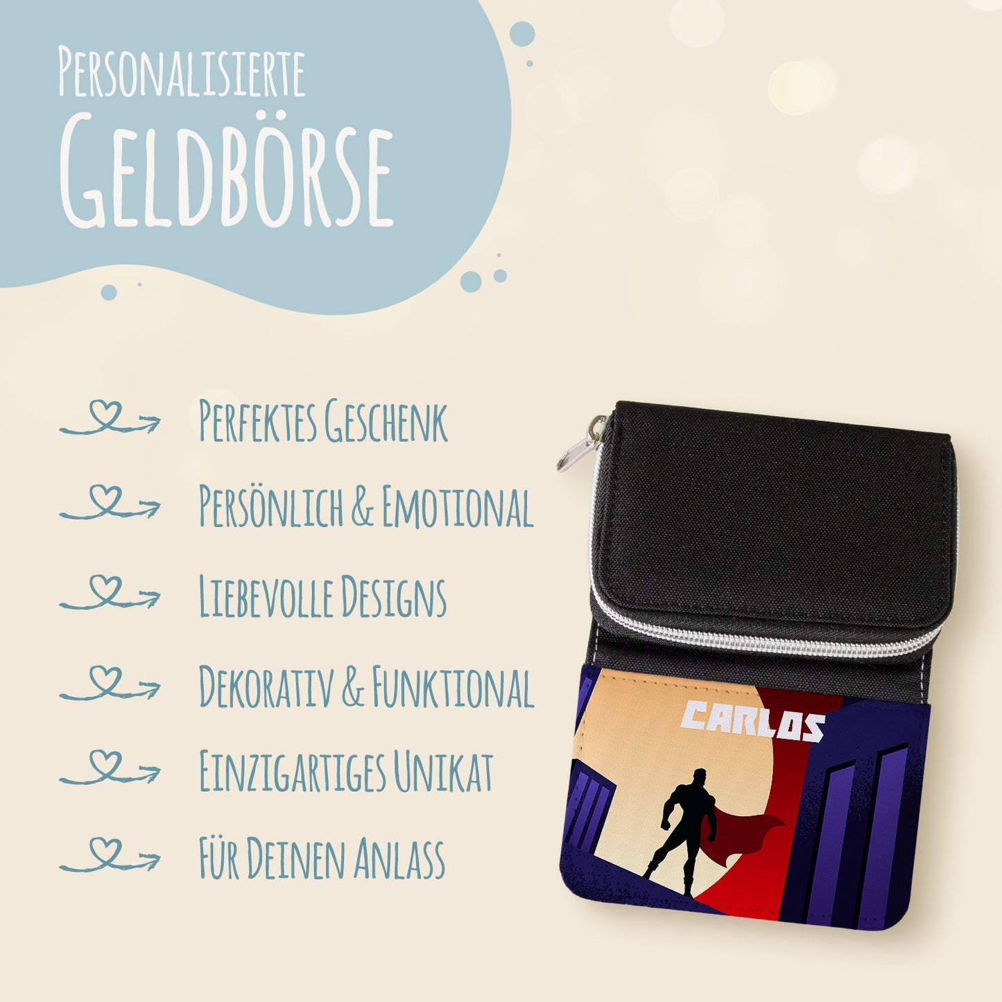 Bedruckte Geldbörse für Kinder im Superheld Silhouette Design