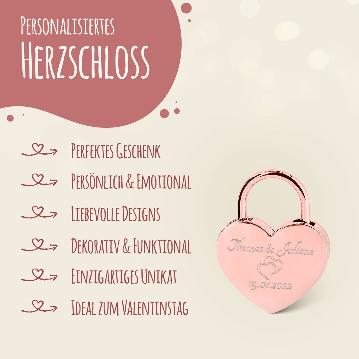 Herzschloss in Rosegold mit Gravur